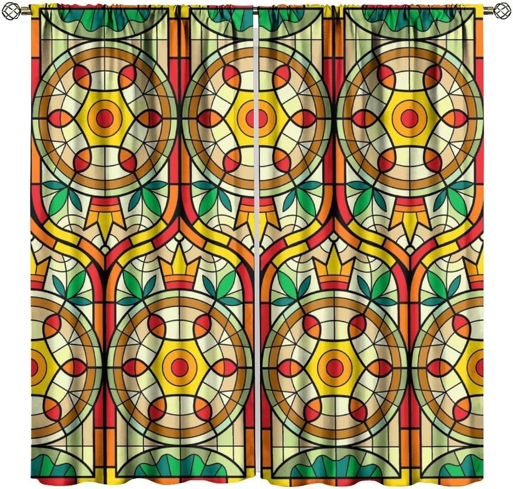 Stained Glass Blackout Window Curtains, Autumn Forest Mosaic Art Beautiful Nature Scenery Stained Glass Home Kitchen Livingroom