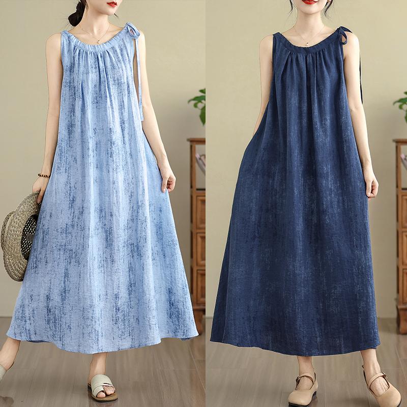 

DIMANAF 2025 Women Plus Size Linen Summer Dress Sleeveless Casual Basic New Dress Loose Long Dress One Size бежевий