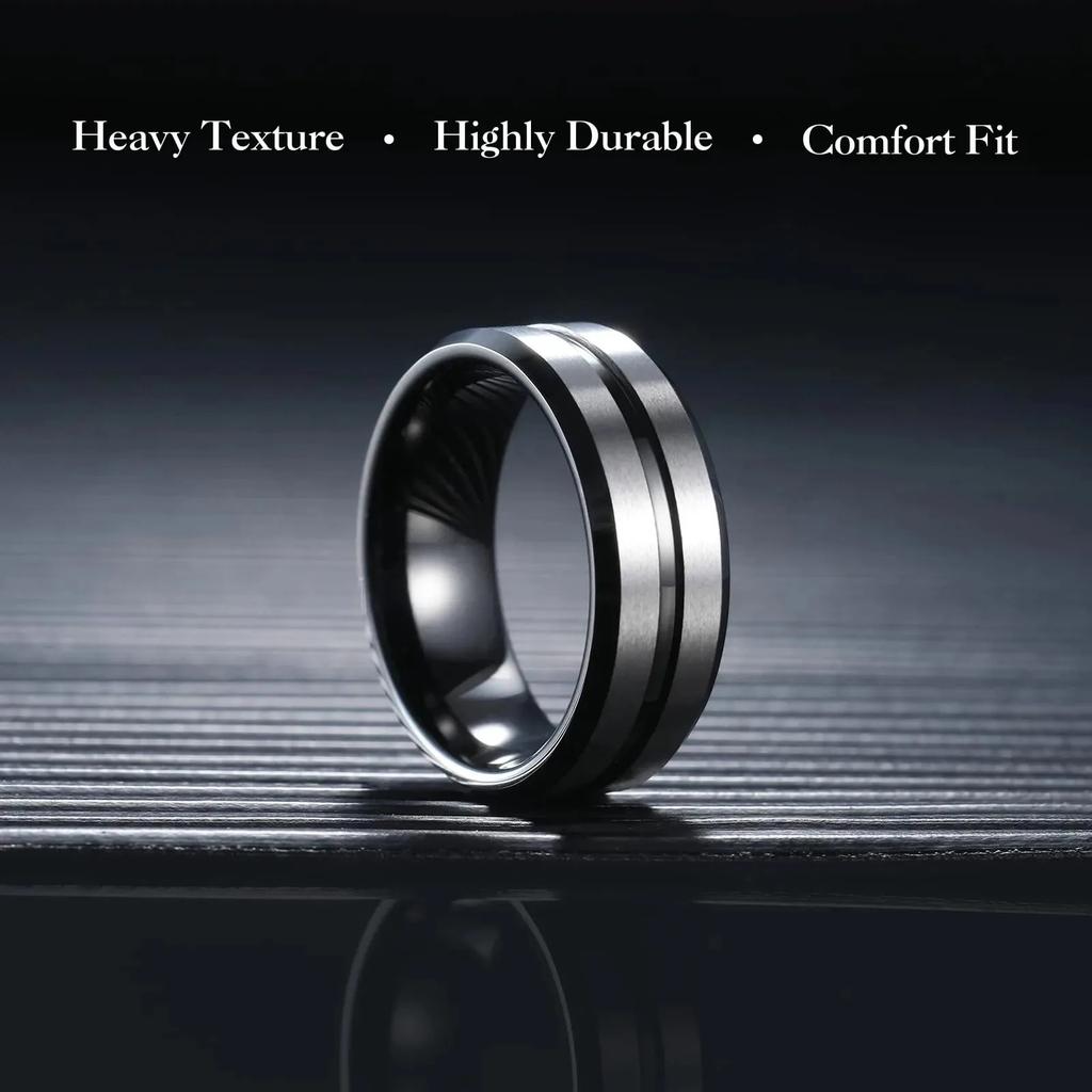 8mm Black Stainless Steel Rings For Men Women Silver Color Brushed Beveled Edge Men Promise Rings Wedding Bands Jewelry