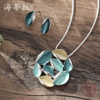 New Color Painting Oil Round Hollow Petal Stud Earrings Pendant Set Summer Versatile Women's Petal Necklace