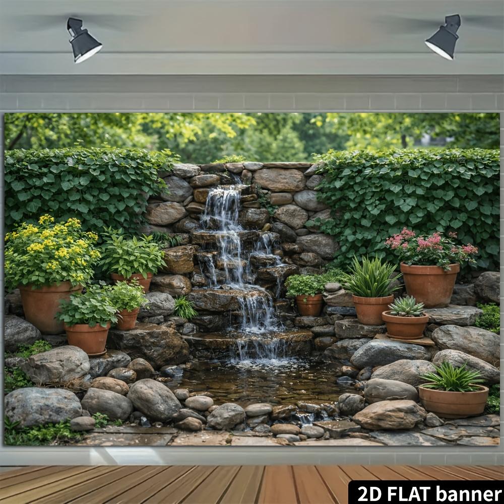 2D Planar Courtyard Rock Waterfall Banner Background Fabric, Stone Wall Waterfall Scenery