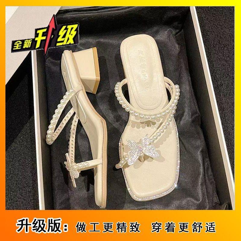 Rhinestone Bow French Fairy Wind 2025 Summer New Mezzanine High Heel Sandals Women's Retro Thick Heel Cold Slippers