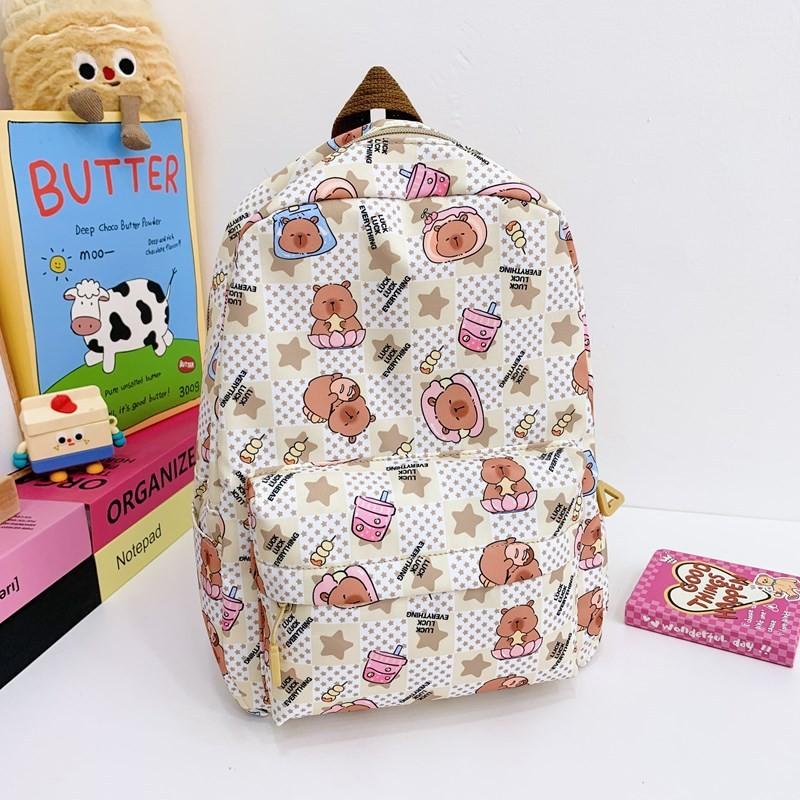 Capybara Cute Pudding Milk Tea Checkered Cartoon Pattern Children Backpack