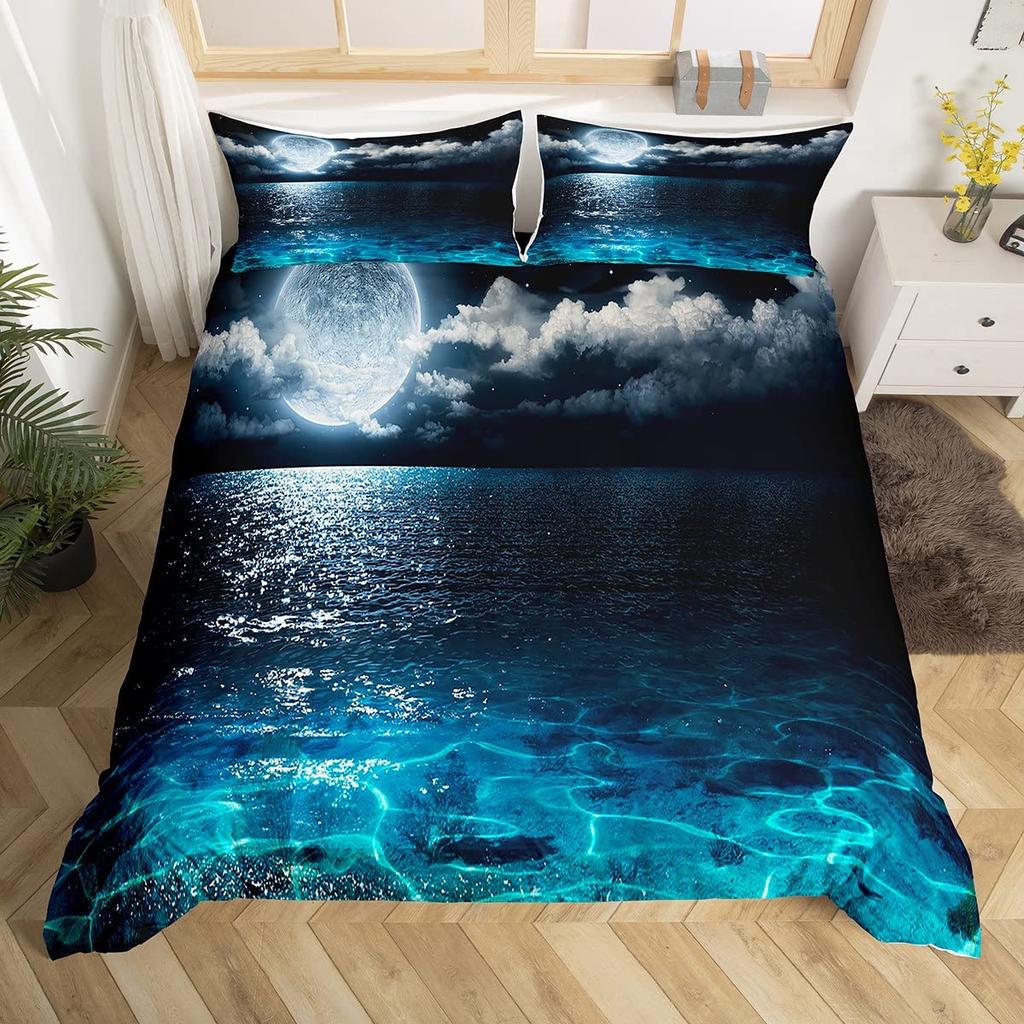 Deep Ocean Duvet CoverSeawater Bright Moon At Sea Starry Night Sky Galaxy Summer Hawaiian Holiday Comforter CoverBedding Set