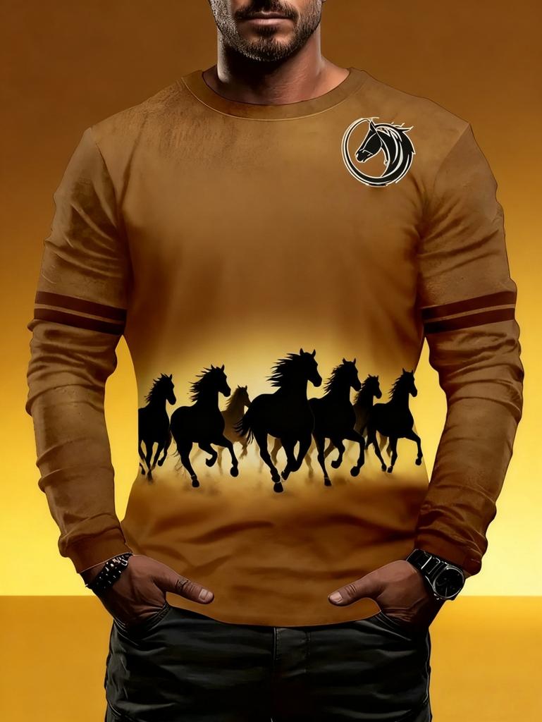 Men's T-Shirt Running Horse Graphic 3D Print Fashion Long Sleeve Crew Neck Unisex Tee Shirt Casual Summer Personality Men's Top