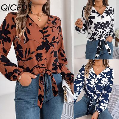 QICED Autumn and Winter Casual Color-blocking Flower Lantern Sleeved Lace-up Chiffon Blouse for Women