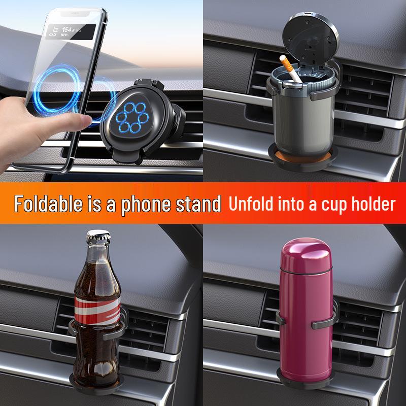 Multifunctional Car Cup & Phone Holder with Magnetic Suction, Foldable Air Vent Design