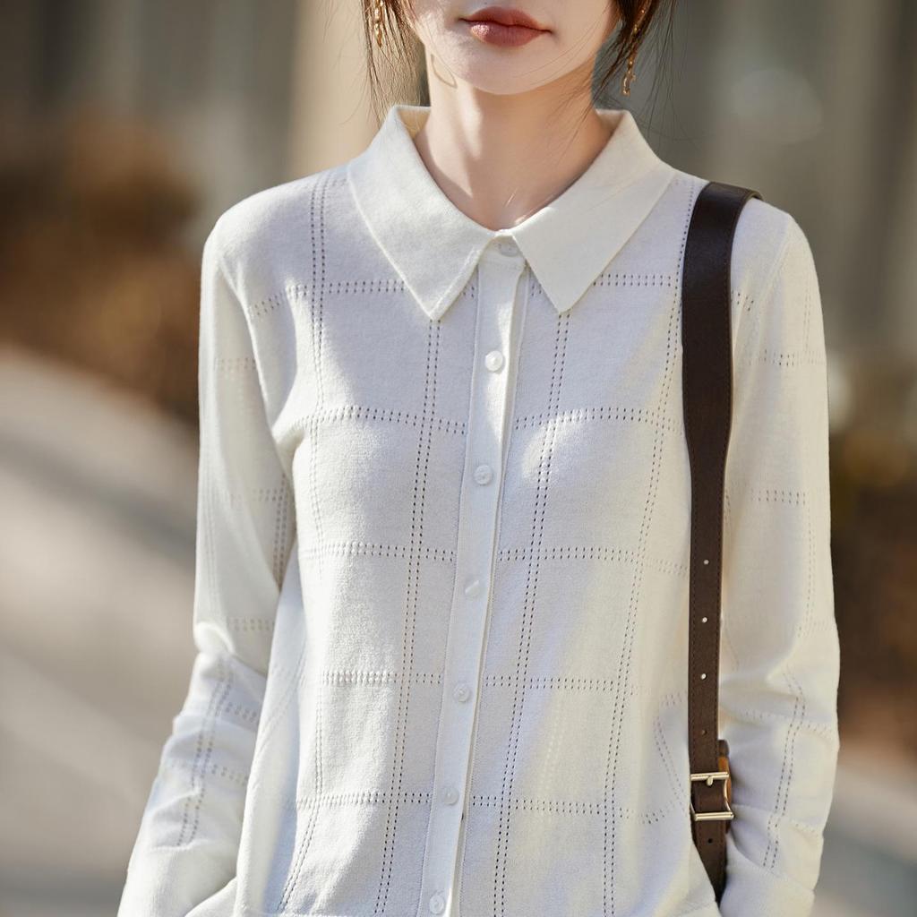 Women's Knit Lapel Cardigan: Light Hollow Jacket, Long Sleeve Spring/Summer Top