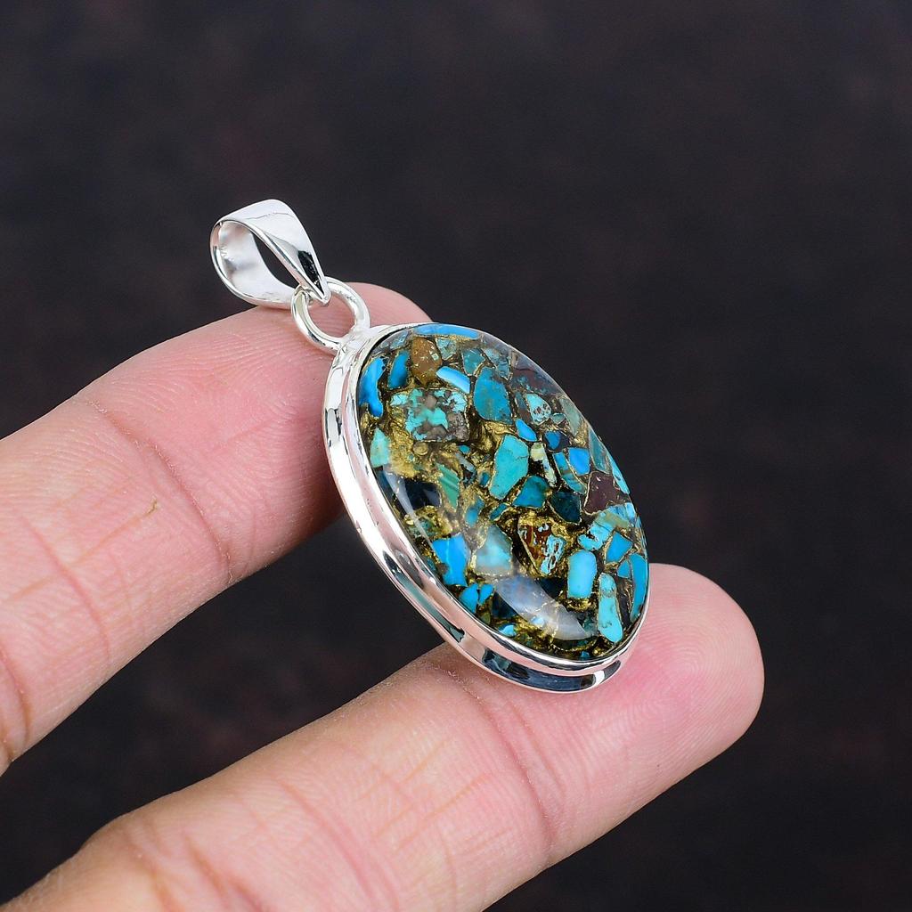 Copper Chrysocolla Pendant Natural Gemstone Jewelry 925 Sterling Silver Pendant Handmade Dainty Pendant Healing Stone Jewelry Gifts For Wife