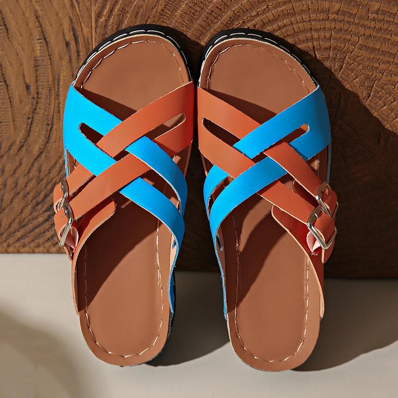 Fashion Mix Color Cross Strap Wedge Slippers Women Summer Non Slip Platform Sandals Woman Lightweight Soft Thick Sole Sandalias Mujer 43