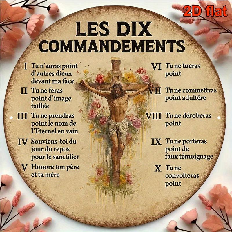 D Flat Pc X Cm Round French Aluminum Sign Vintage Decorative Plaque Featuring the Ten Commandments Religious The