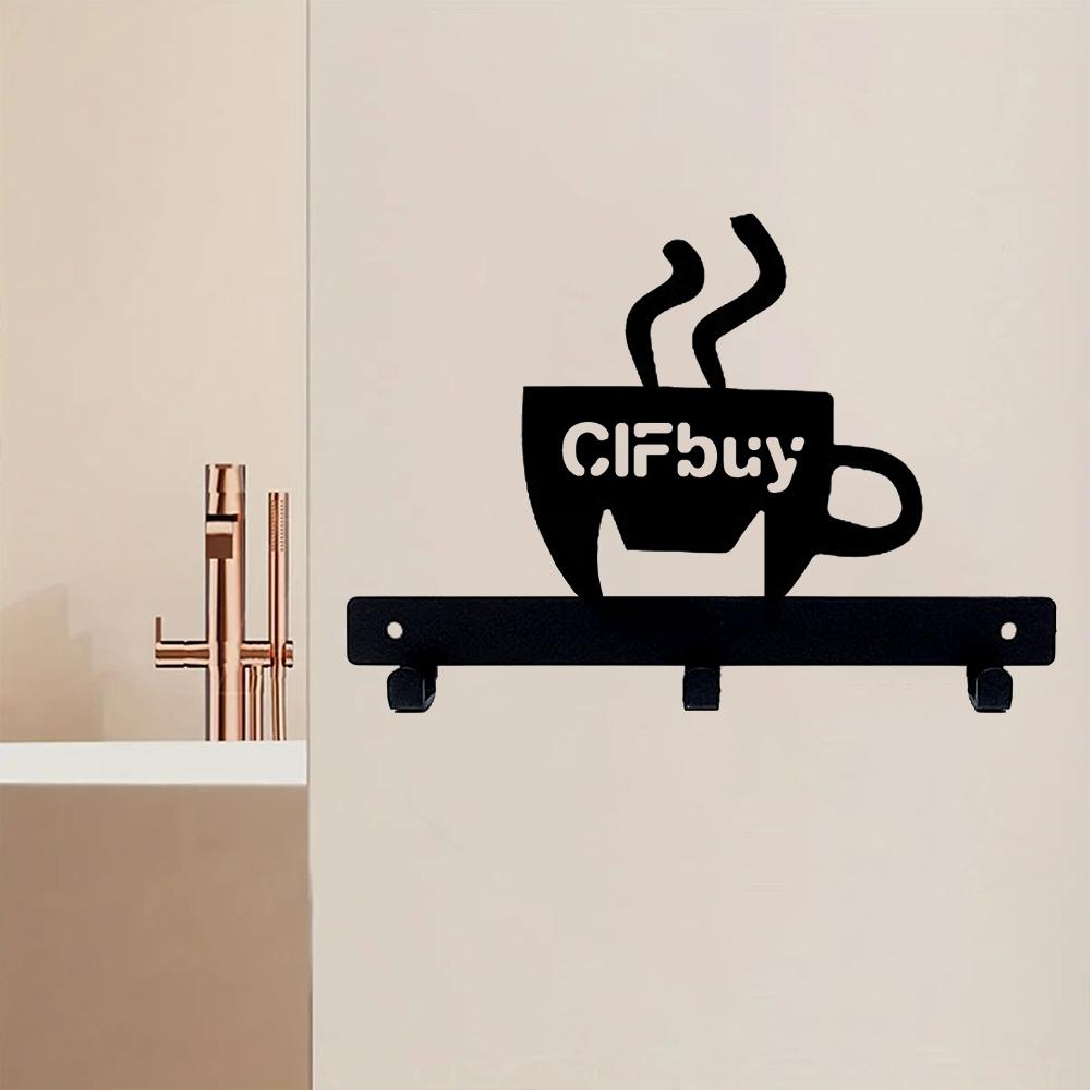 1pc Metal Key Holder Hooks Organizer Rack Wall Mounted Decor, Metal Coffee Cup Rack with Coffee Sign for Bar Kitchen Organizer