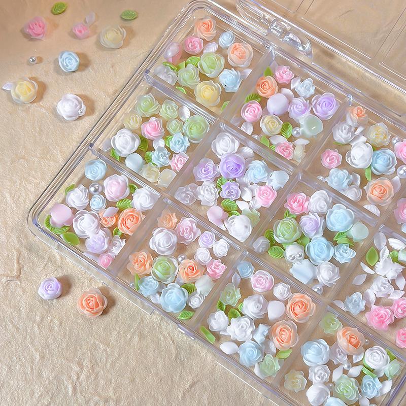 6/12 Grids 3D Camellia Rose Flower Nail Art Charms Mixed Floral Butterfly Pearl Nails Decor For Diy Crafts Manicure Accessory