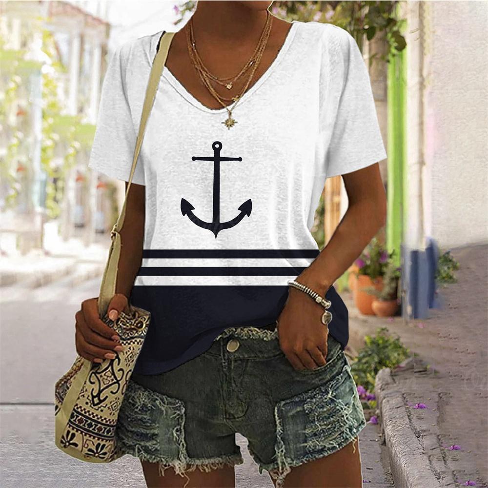 Sommer Oversized T-Shirts Ankerprint Oberteil für Damenmode V-Ausschnitt Damenmode Große Größen Stil T-Shirt für Damen