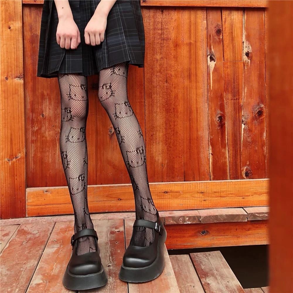 

Black and white stockings KT Cat-ear fishnet stockings with hollow-out design Cute trendy internet celebrity European and American black stockings 【OPP Bag Packaging】