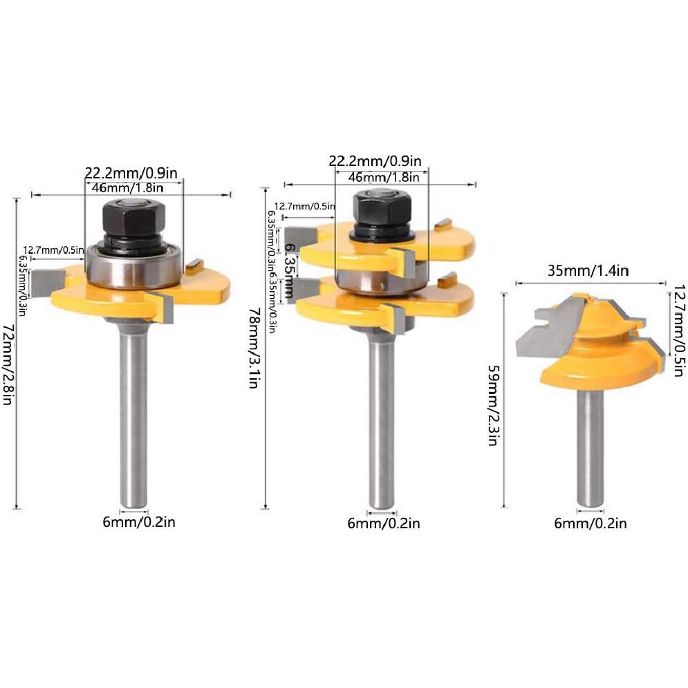 1/4 Inch Shank Router Bit Set, 3PCS Tongue and Groove Router Bits, 45 Degree Joint Router Bits, 3 Teeth T Shaped Wood Milling Cutter Set for
