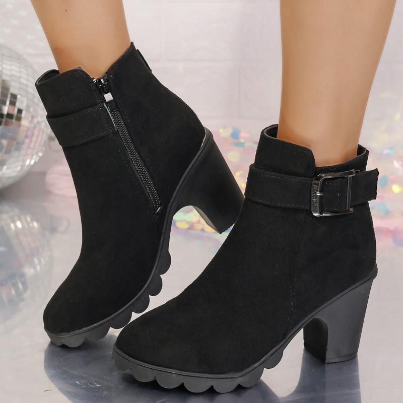 Large Size Martin Boots Women's Autumn and Winter Retro Coarse Heel Belt Buckle Fashion Boots Round Head High Heel Short Boots