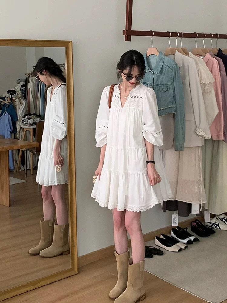 Ethnic style hollow French splicing long-sleeved dress summer bohemian loose A-word short skirt fresh