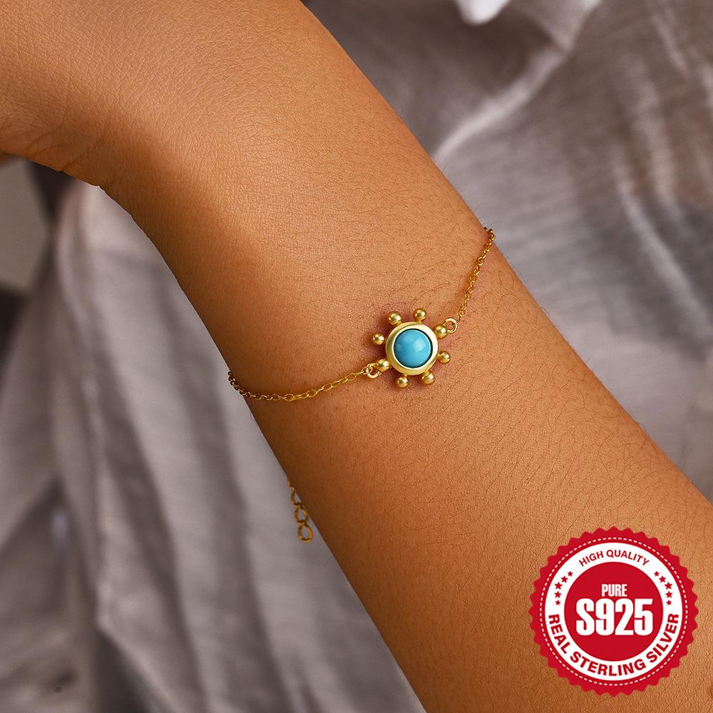 Fashion S925 Sterling Silver Personalized Simple Turquoise Flower Round Brand Diamond-Encrusted Women'S Bracelet Minority Jewelry
