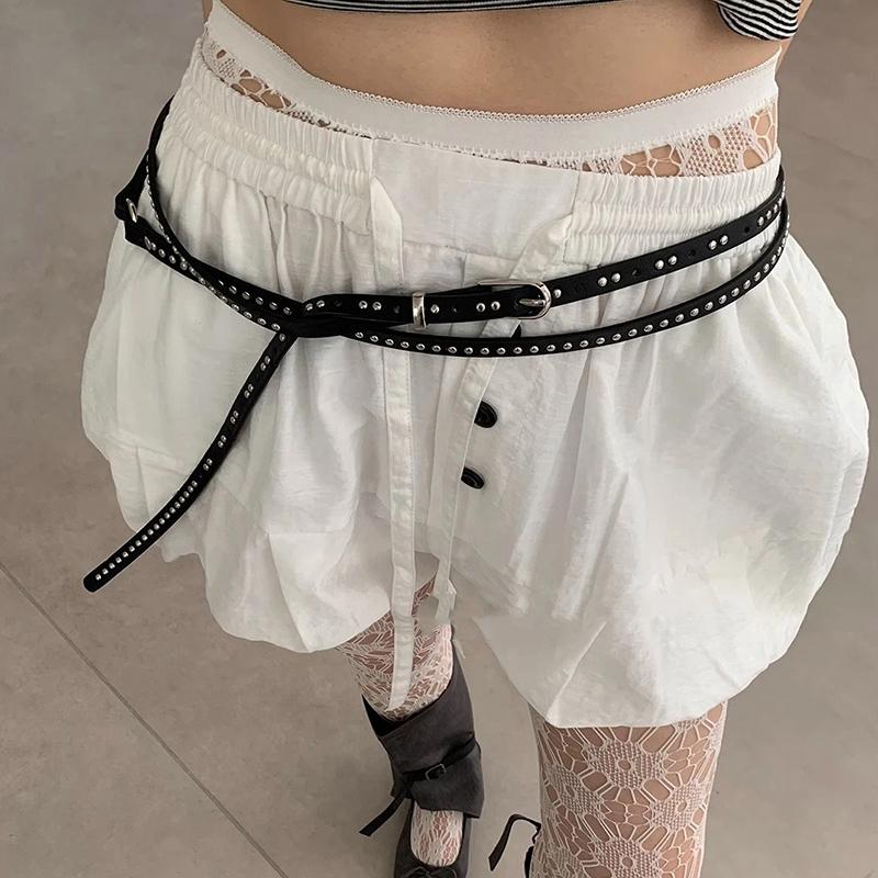 Y2K Punk Rivet Leather Double Thin Belt Women Men Pu Black White Waist Strap Trendy Waistband Jeans Skirt Decoration