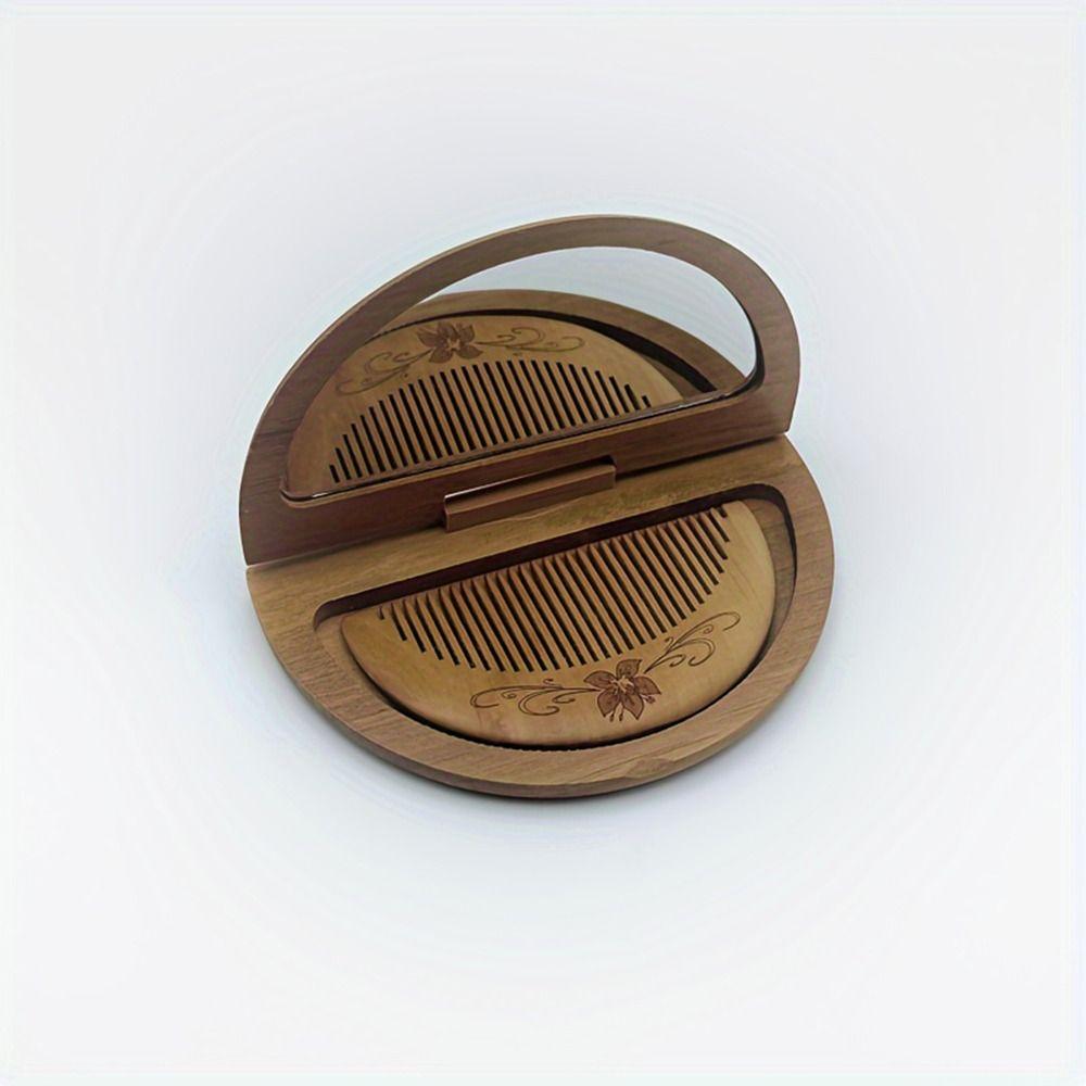 Peachwood Wooden Comb Mirror Set 2 in 1 Makeup Mirror Durable Foldable Pocket Mirror Makeup Tool