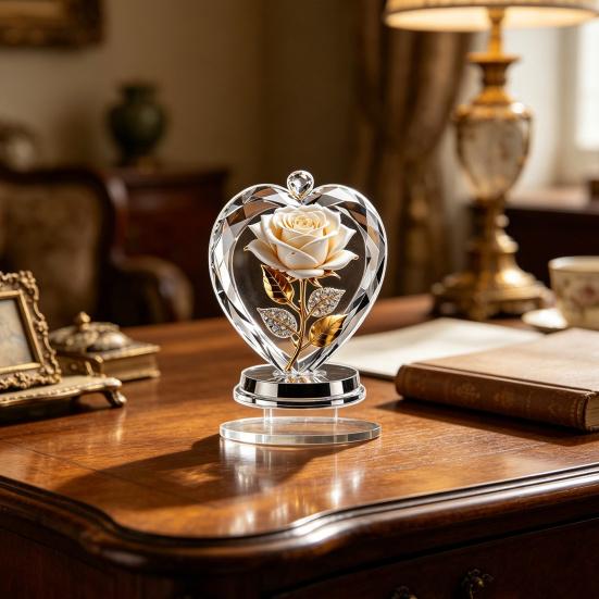 Acrylic Rose Ornament, 2D Flat Flower Decoration with Base, Table Centerpiece Rose Ornament, Romantic Desktop Decor for Home Shelf Cabinet