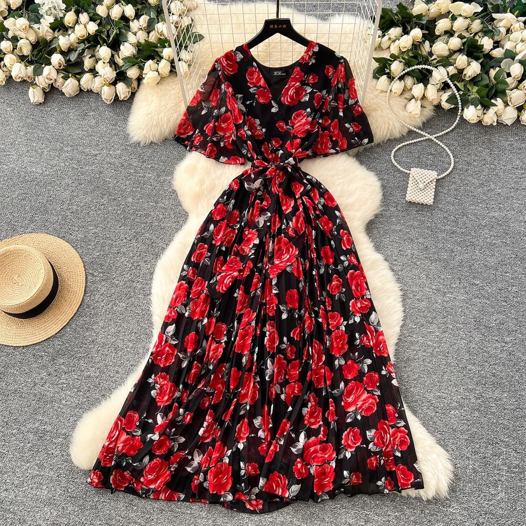 Summer New Women's High-end Strap Waist V-neck Horn Sleeve Thin Temperament Printed Chiffon Dress