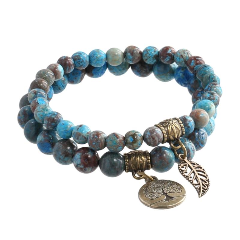 Tree Charm Bracelet Set Agates Bead  Stone Bracelets for Women Man Leaf Pendant Bangles Jewelry Gift