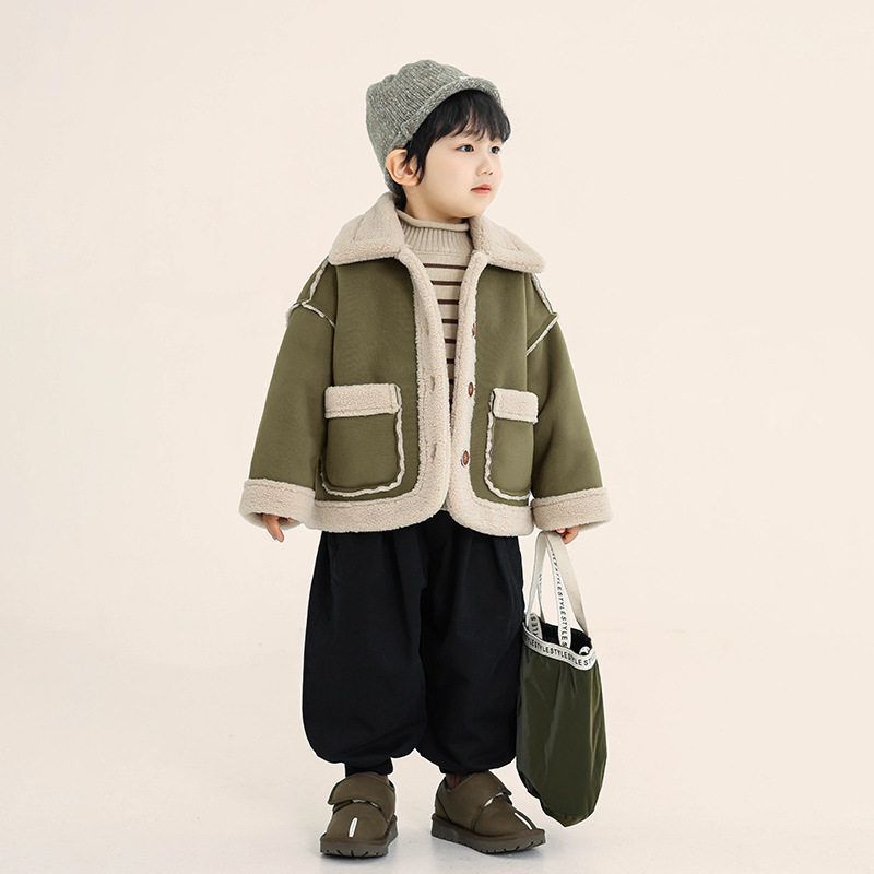 Children's Clothing, Boys' Fleece Jacket, Winter Kidsren's Fur Integrated Cashmere Cardigan, Single-Breasted Top for Small and Medium-Sized Kidsren