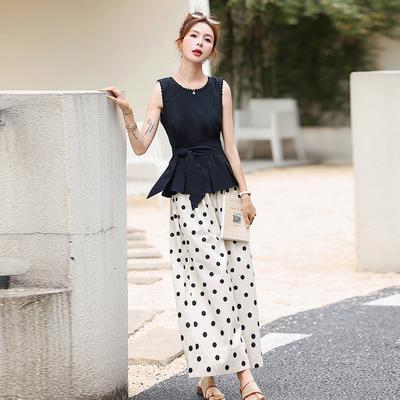 Summer Wear a Complete Set of Design Suits, Sleeveless Waist Top, Polka Dot Wide-leg Pants Two-piece Set