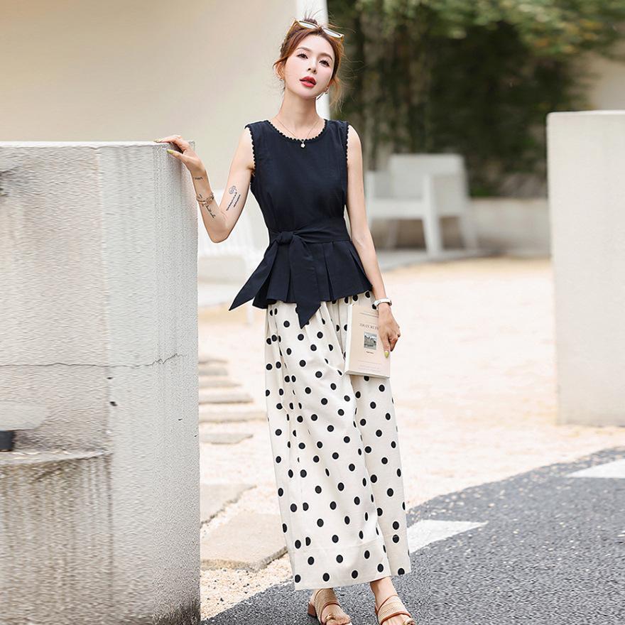 

Летний комплект дизайнерских костюмов, топ без рукавов с завышенной талией, комплект из двух предметов: широкие брюки в горошек XL