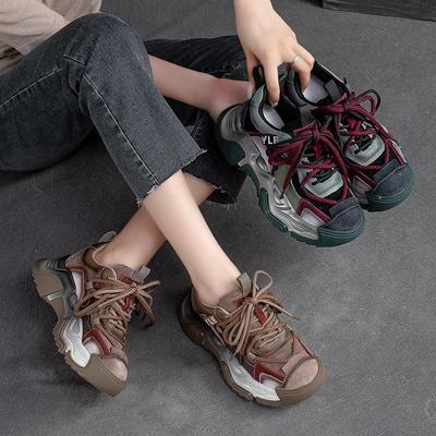 Johnature zapatos planos informales para mujer, zapatillas de deporte de cuero genuino, colores mezclados, Retro, cómodas zapatillas de plataforma con suela gruesa