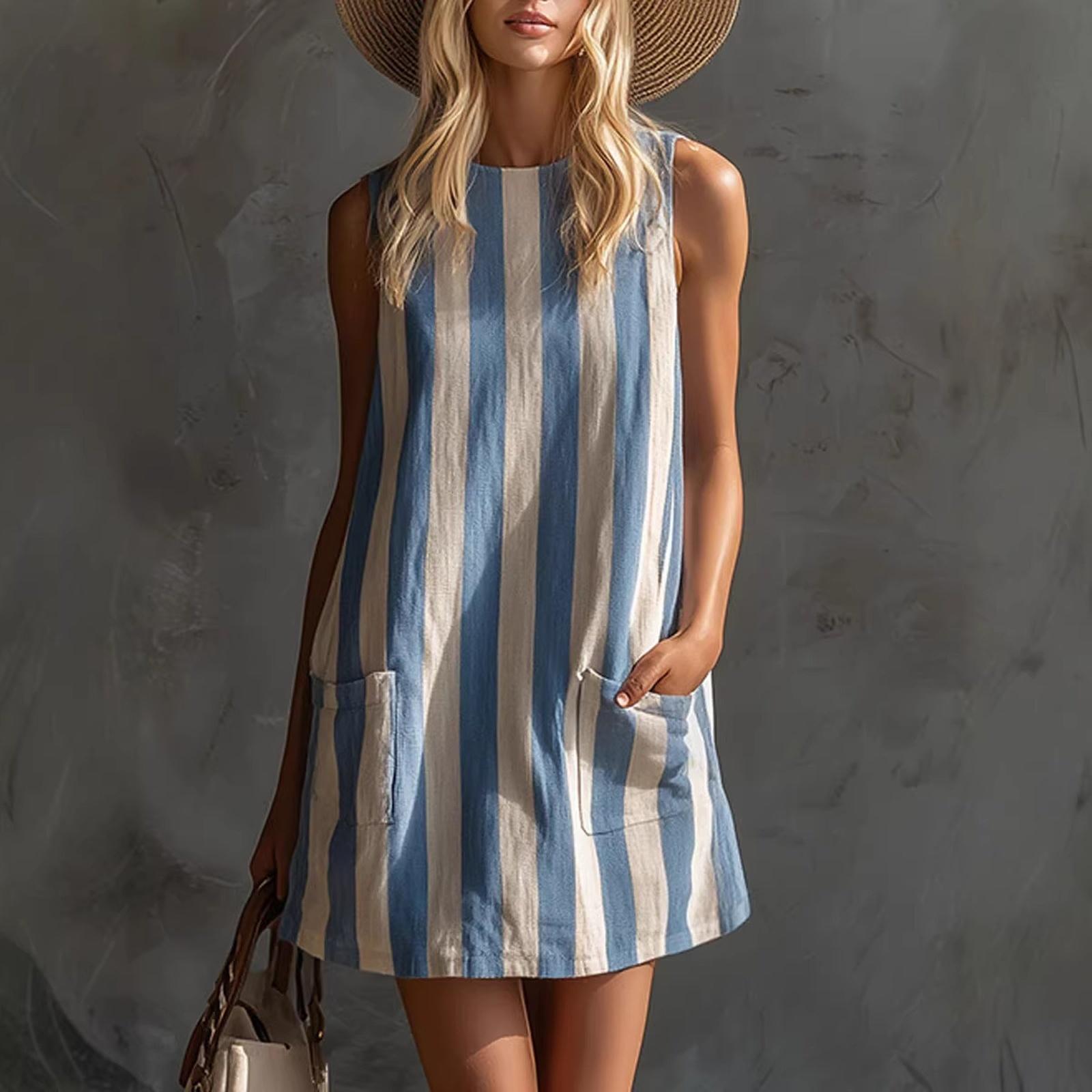 

Sleeveless Vertical Stripe Casual Dress with Crew Neck and Front Pockets Loose Fit Lightweight Summer Sundress for Women XXL синий
