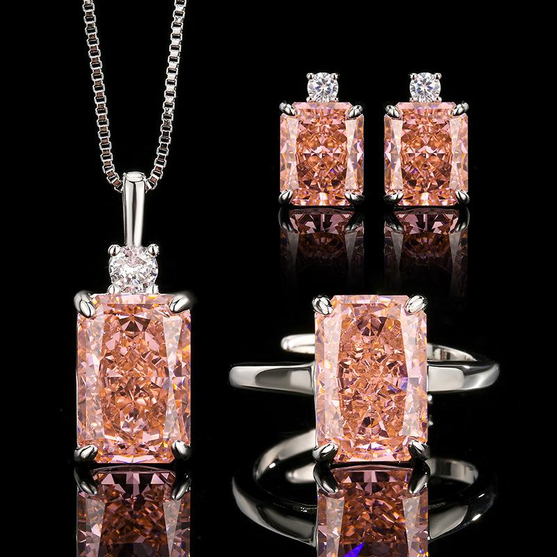 

2025 Inlaid Diamond Jewelry Jewelry Set Earrings Ring Necklace Yellow Diamond Ice Flower Rectangular Women s Fashion 45CM