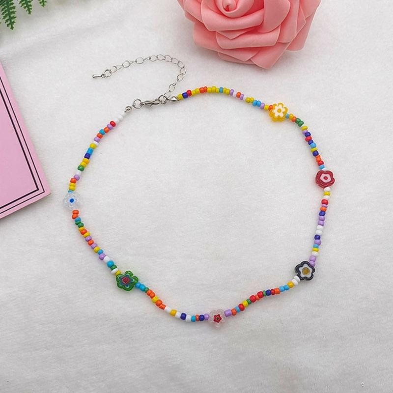 Bohemian Beaded Necklace Flower Bracelet Necklace Colored Short Coloured Glaze Necklace Summer Pearls Necklace Jewelry