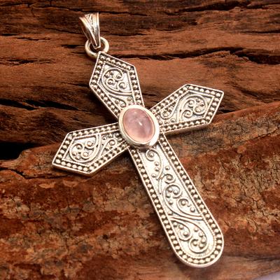Pingente Reiki, Pingente de Cura de Cristal, Pingente de Cruz, Pingente de Quartzo Rosa, Joia Artesanal em Prata de Lei 925