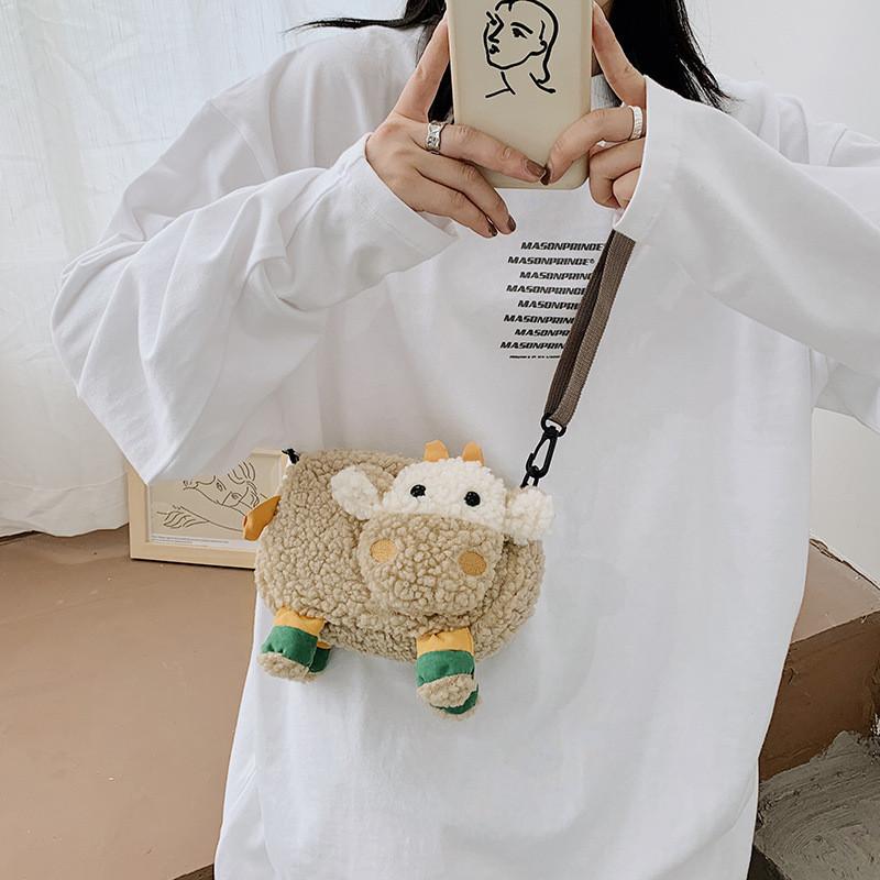 Cartoon Cute Cow Plush Shoulder Bag With Zipper Closure For Daily Use