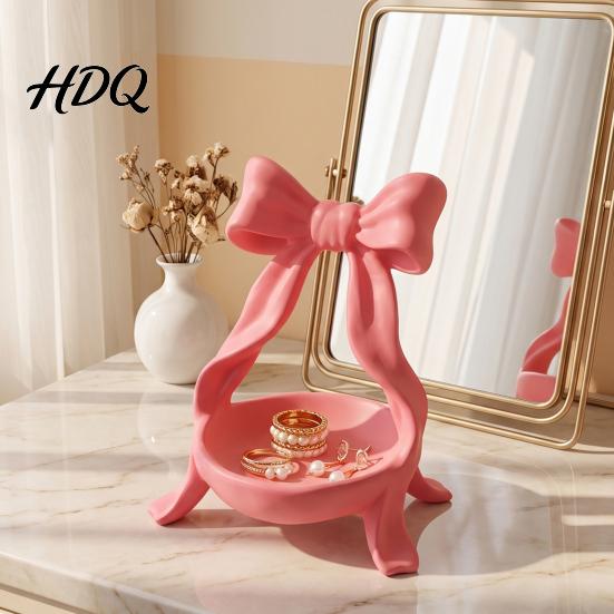 Elegant Jewelry Holder Storage Tray with Bow Decor Decorative Cream Trinket Dish 3D Dressing Table Accessory Print PETG Space Saving Display