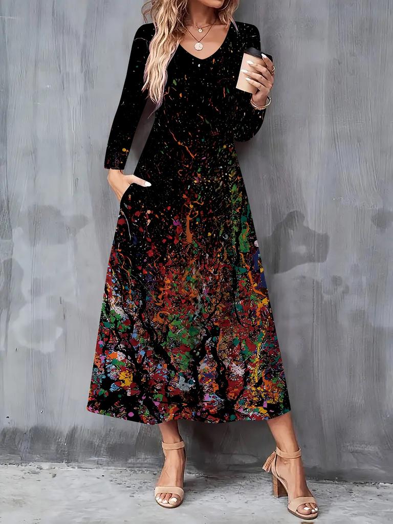 Nowa damska sukienka casualowa na jesień i zimę 2025 z modnym nadrukiem 3D tie-dye, z długim rękawem, dekoltem w serek, w fasonie A