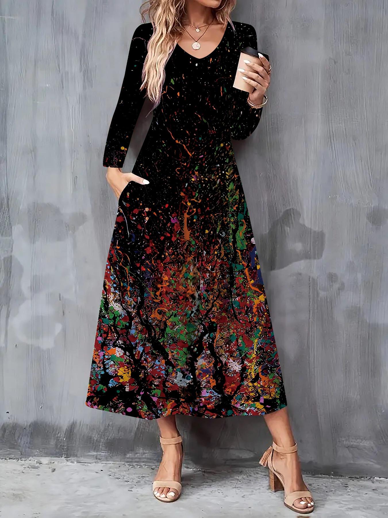 

2025 Autumn and Winter New Women Casual Fashion Dress 3D Tie-dye Print Long Sleeve V-Neck A-Line Dresses XXL чорний