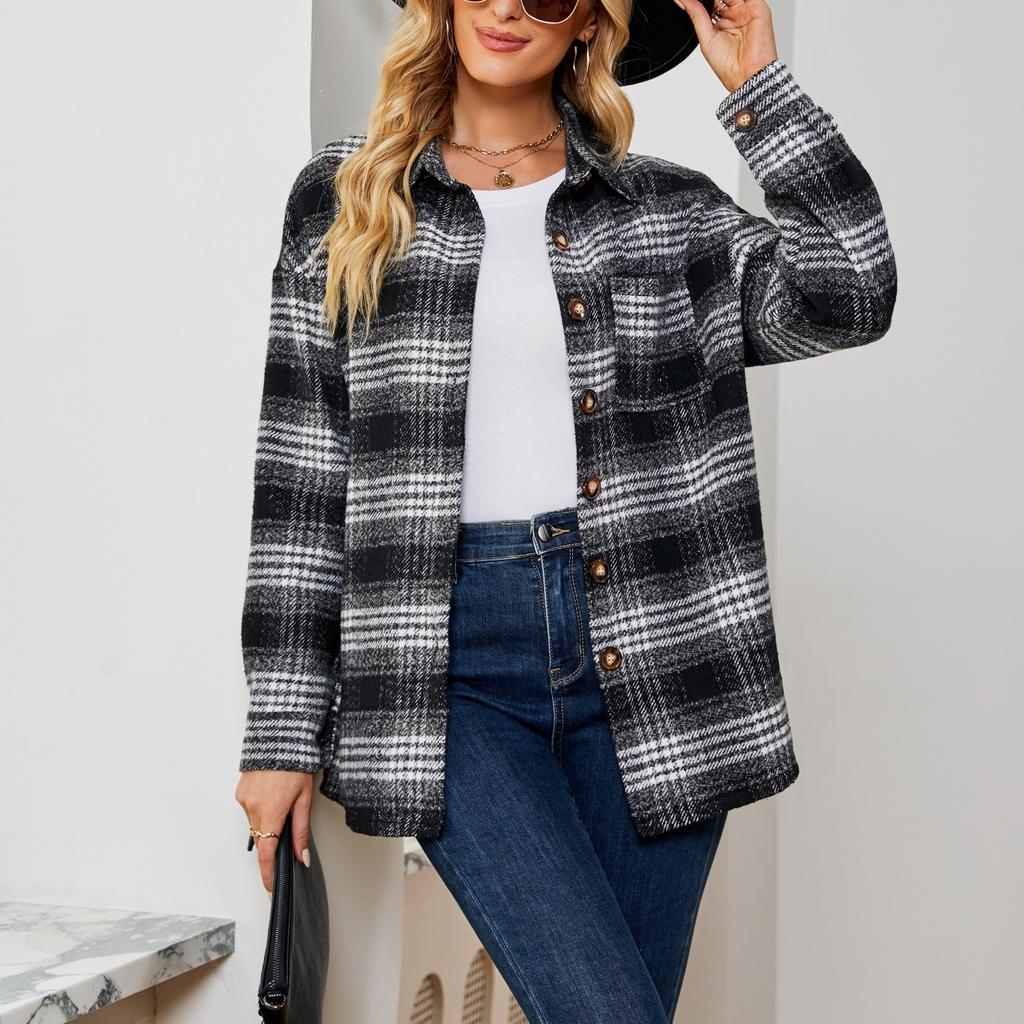 New Autumn and Winter Casual and Fashionable Pocket Loose Checked Woolen Coat for Women