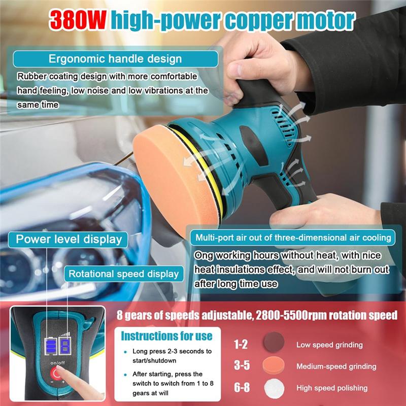 A84X-Waxing Machine Motor Car Buffers And Polishers Kit Lithium Battery Polisher US Plug