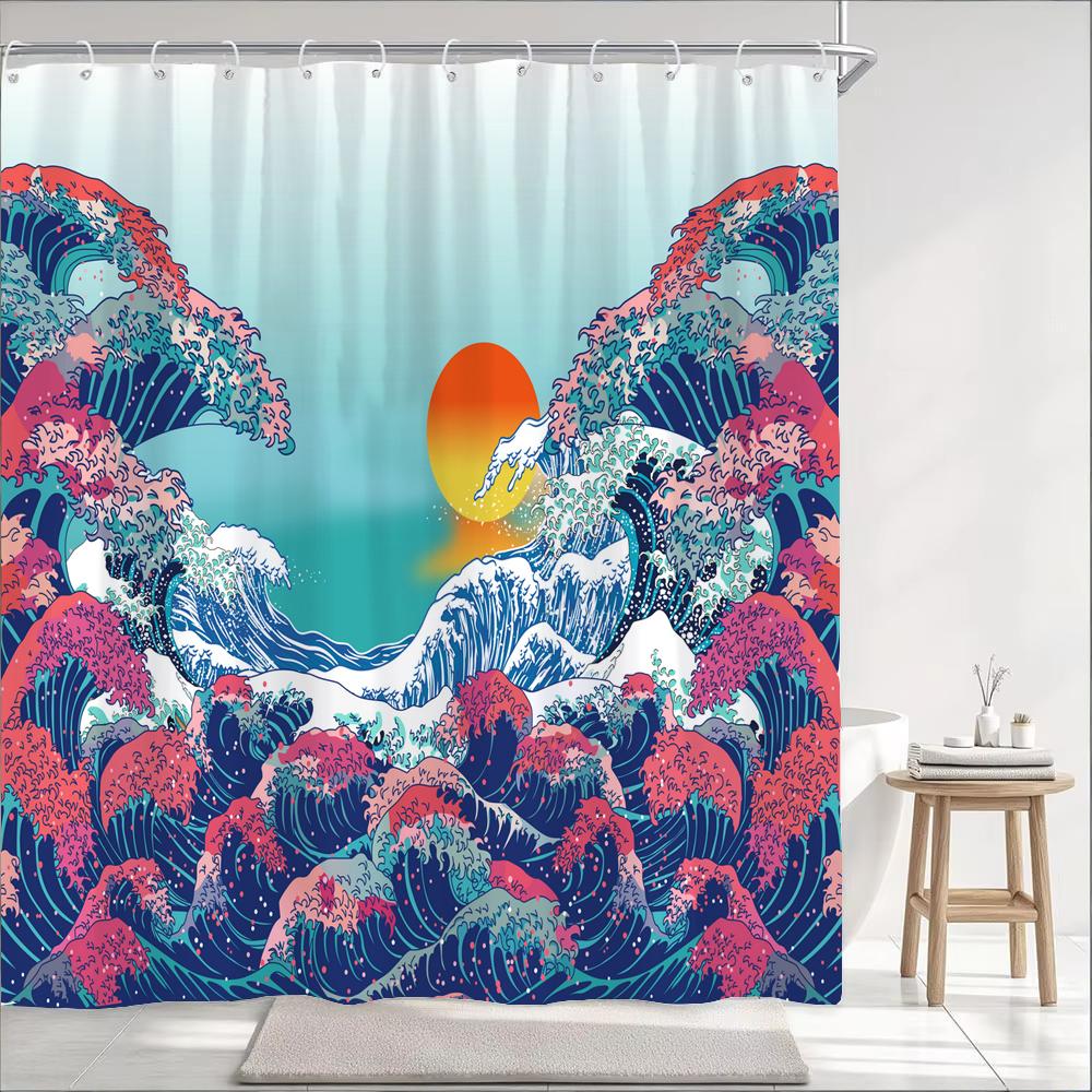Japanese Wave Mount Fuji Plum Blossom Flower Printied Shower Curtain Waterproof Polyester Fabric Bathroom Curtains with 12 hooks