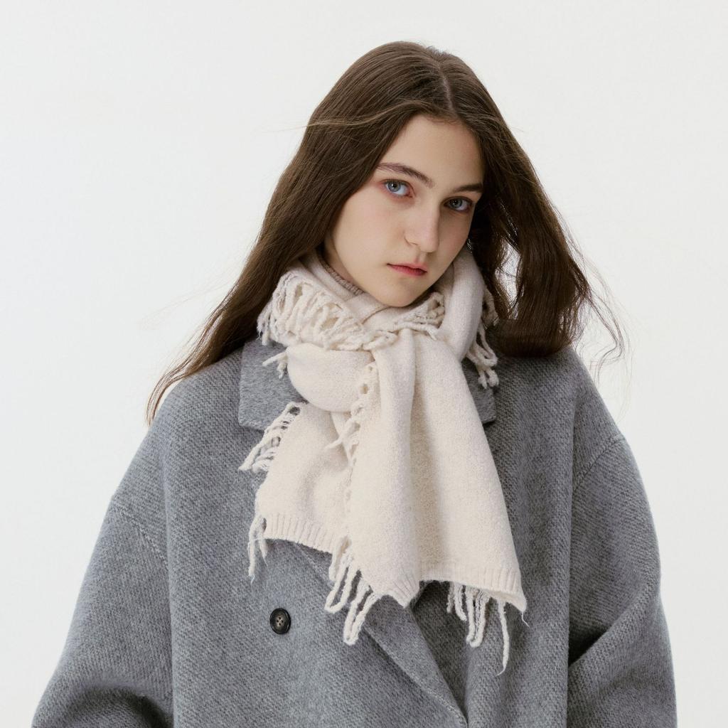 Wool Blend Fringe Scarf - Windproof Thermal Neck Warmer for Couples, Unisex Solid Color Knit Autumn Winter