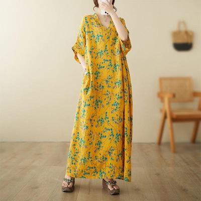 Kurzarm-Übergröße, Vintage-Kleid mit Blumenmuster, neu in Kleidern für Damen, lässig, locker, Maxi, lang, Sommerkleid