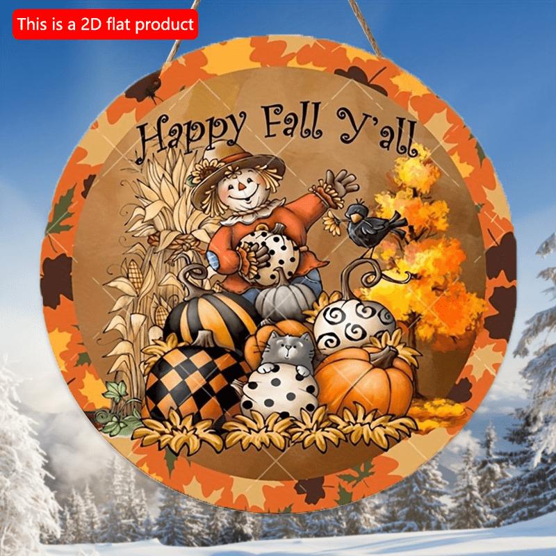 2D Flat 20*20cm, Autumn Home Decoration, Featuring A Wooden Circular Creative Logo Scarecrows and Pumpkins, Suitable for Home, Kitchen, Garden