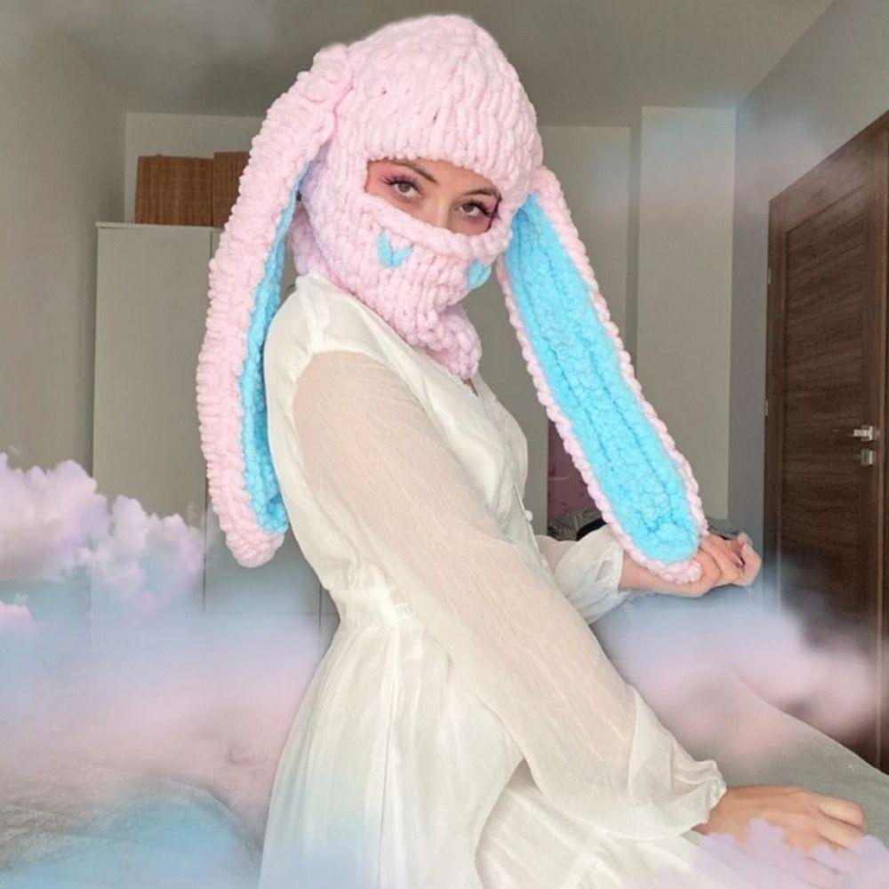 Warm Knitted Hat Fluffy Bunny Ears Hat New Beanie Long Ear Hat  Women