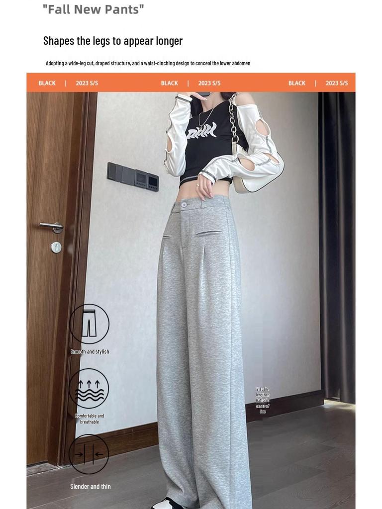 High Waist Petite Gray Wide-Leg Pants - Autumn/Winter 2025 Casual Slimming Trousers for Women
