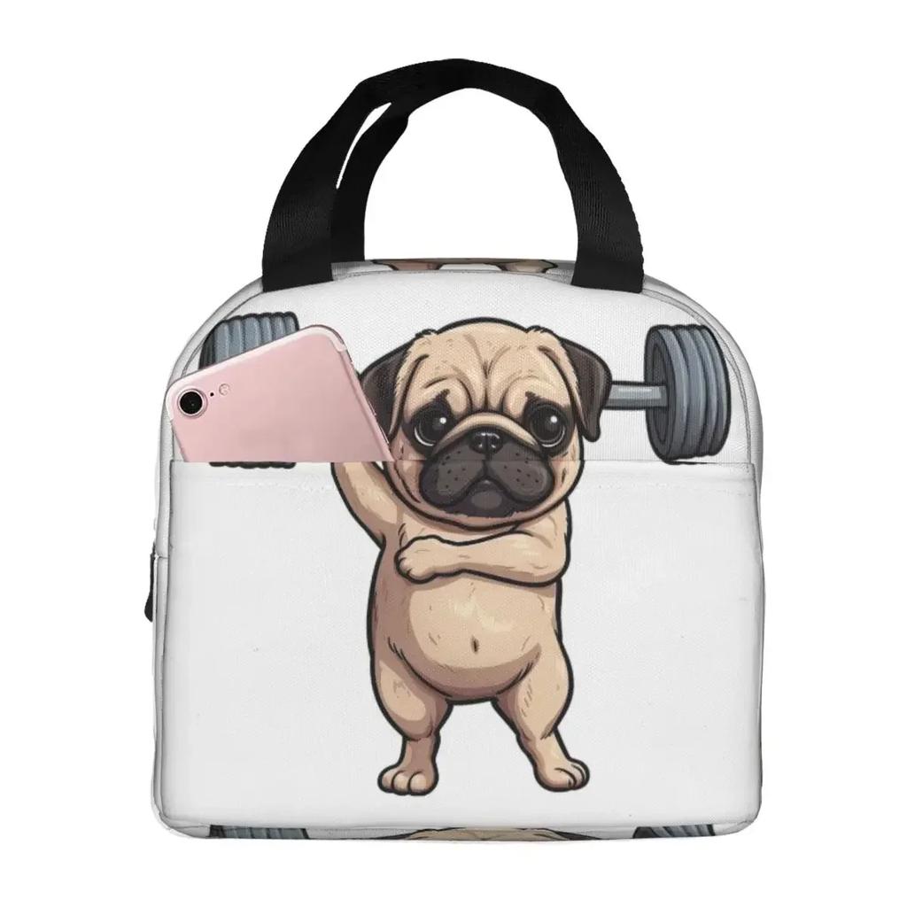 Pug Dog Weight Lifting Exercise Fitness Gym Workout Insulated Lunch Bag for Women Children Food Boxes Thermal Lunch Box Tote