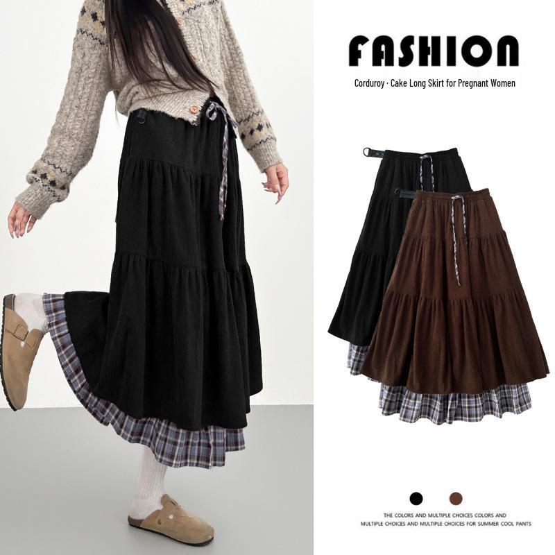 Autumn/Winter Corduroy Double-Layer Plaid Long Skirt for Pregnant Women (No Support Belt)